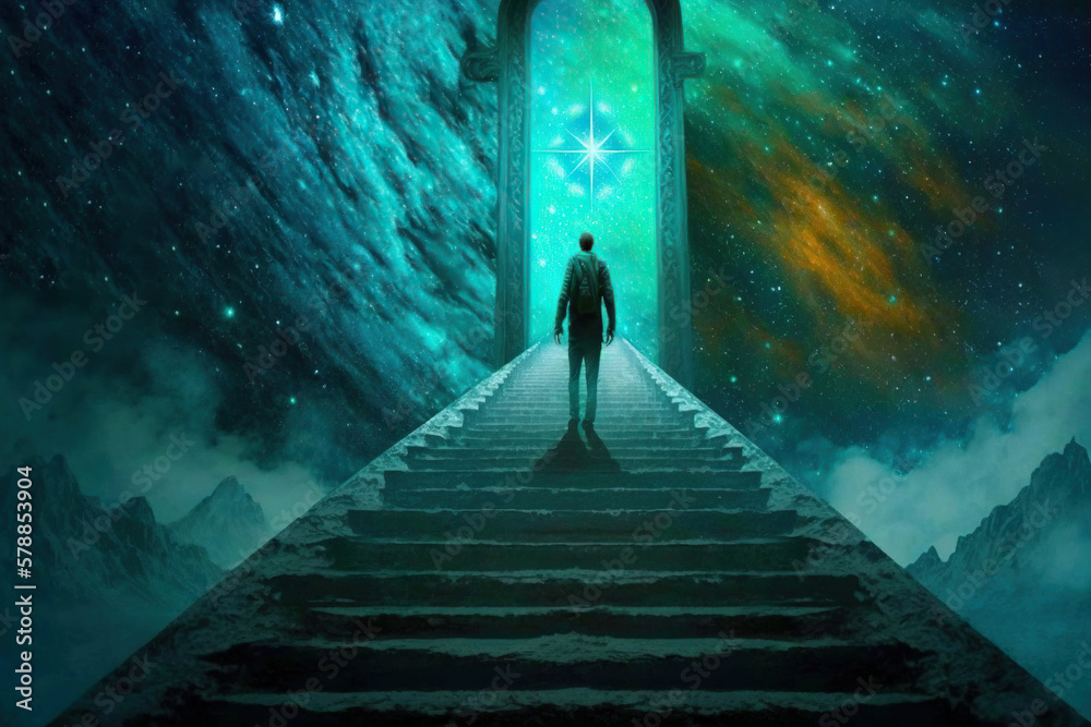 A man standing in front of a stairway leading to an open gate to an unknown place, A star-filled sky, Fantasy art, Generative Ai - obrazy, fototapety, plakaty 