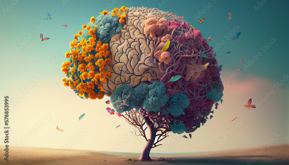Human brain tree with flowers and butterflies, self care and mental ...