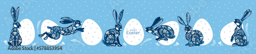 Happy Easter banner, poster, greeting card. Trendy Easter design with typography, bunnies, flowers, eggs, bunny ears, floral pattern in blue and white colors. Modern minimal style