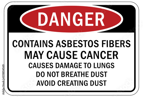 Asbestos chemical hazard sign and labels contains asbestos fibers Asbestos chemical hazard sign and labels may cause cancer, causes damage to lungs. Do not breathe dust. Avoid creating dust