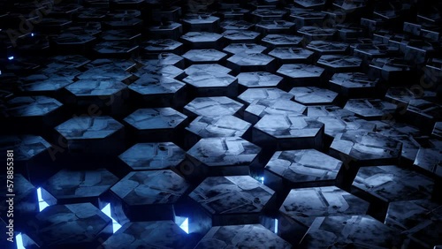 Futuristic Hexagon background. 3d render. Abstract blue Hexagonal pattern. Random motion. Seamless loop