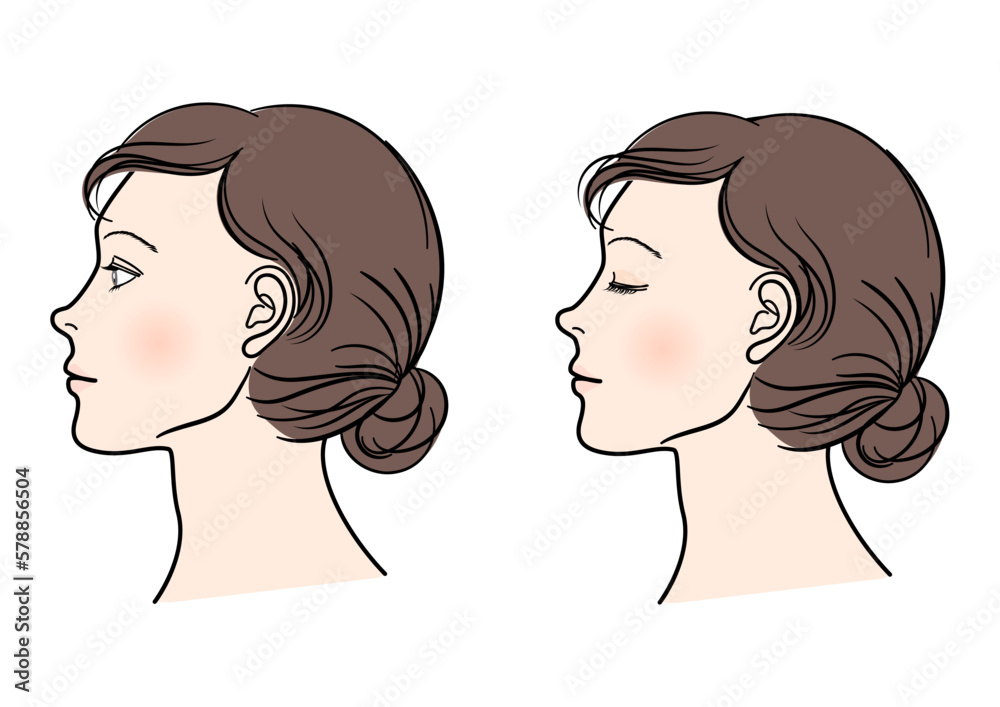 目を開けた女性と目を閉じた女性のイラストセット 上半身横顔アップのバリエーション 目を開けた女性と目を閉じた女性のイラストセット 上半身横顔アップのバリエーション