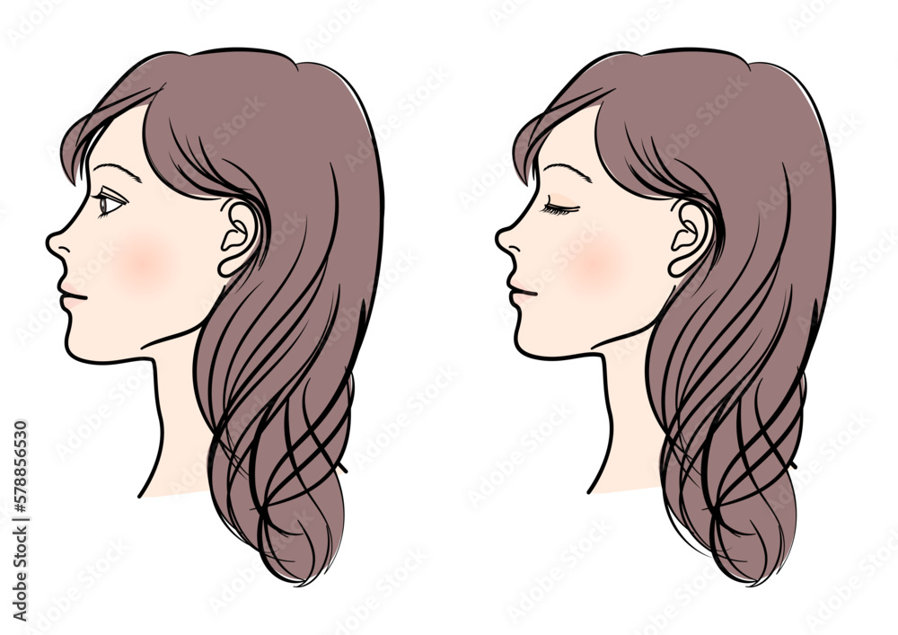 目を閉じている女性と開けた女性の横顔 横向きアップのイラスト 目を閉じている女性と開けた女性の横顔 横向きアップのイラスト