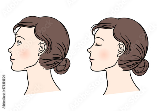 目を開けた女性と目を閉じた女性のイラストセット 上半身横顔アップのバリエーション