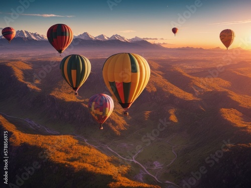 Colorful hot air balloons flying over mountain. AI generated, human enhanced. Background