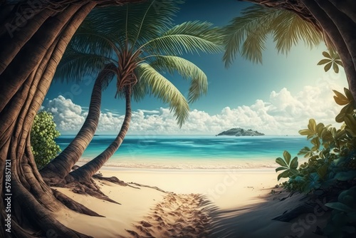 Tropical exotic beach with palm tree. AI generated