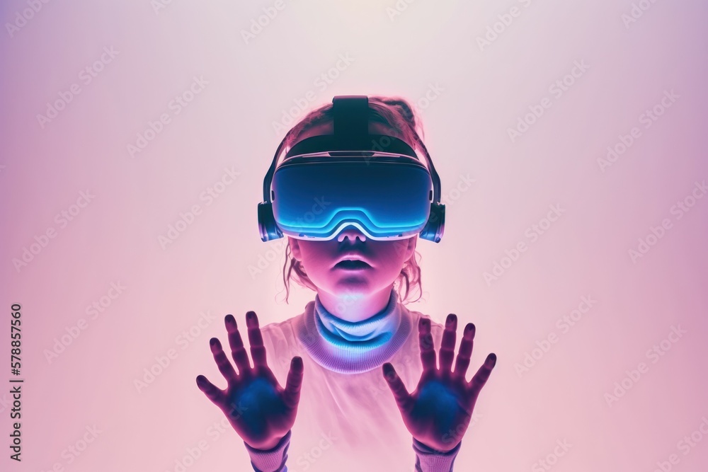 Young woman wearing virtual reality glasses in neon colors. AI generated, human enhanced.