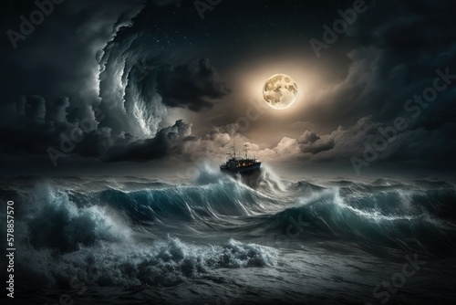 Night marine fantasy landscape with beautiful waves and a full moon. AI generated