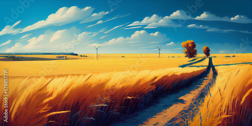 Illustration of fields of wheat. Generative AI.