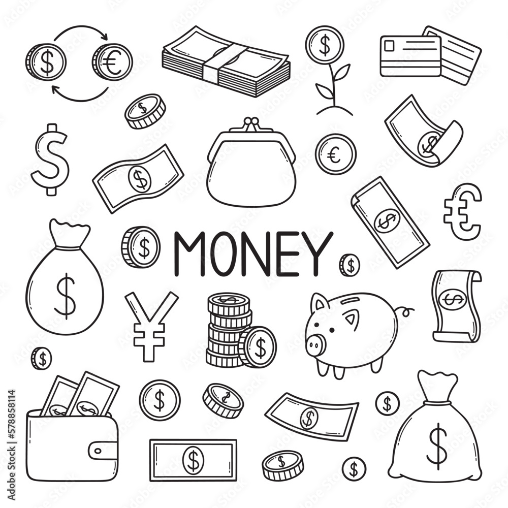Money and finance doodle set. Dollar Banknotes, coins, money bag in sketch style. Banking related elements. Vector illustration isolated on white background. - obrazy, fototapety, plakaty 
