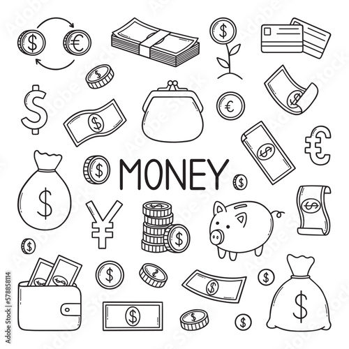 Money and finance doodle set. Dollar Banknotes, coins, money bag in sketch style. Banking related elements. Vector illustration isolated on white background.