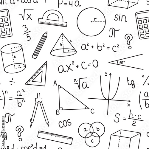 Seamless pattern of Mathematics doodle. School equipment, maths formulas in sketch style. Hand drawn vector illustration