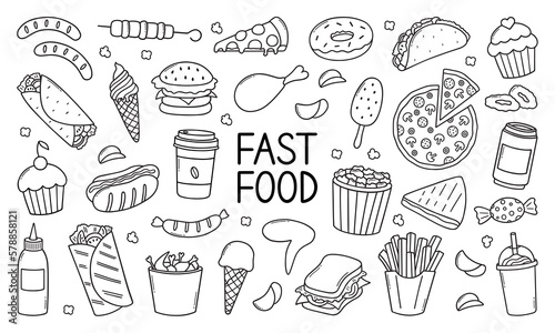 Slika na platnu Fast food doodle set