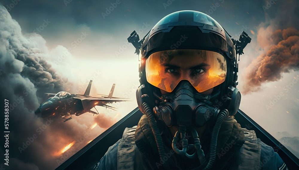 Pilot soldier in helmet in cockpit fighter plane, war. Generative AI Pilot soldier in helmet in cockpit fighter plane, war. Generative AI