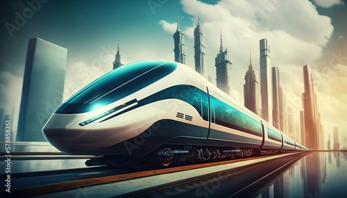 Futuristic speed maglev magnetic cushion train with city background. Generative AI