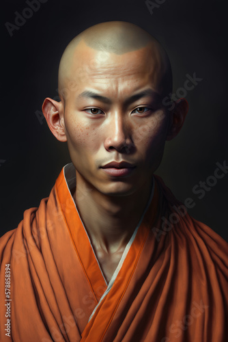 Canvas-taulu Portrait of a young Asian man looking like a shaolin monk, created with generative A
