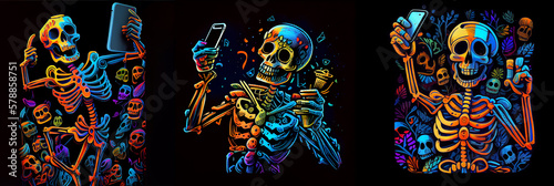 Happy skeleton taking selfie with smartphone. AI generative.
