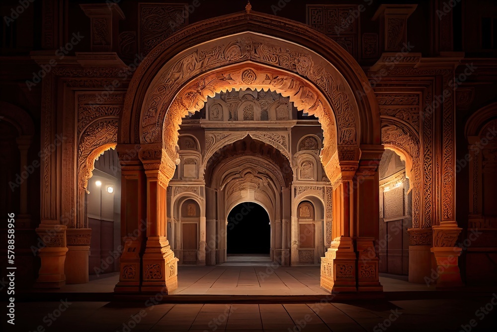 Glimpsing History: Illuminated Archway of an Ancient Indian Palace at Dusk. Generative AI