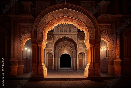 Glimpsing History  Illuminated Archway of an Ancient Indian Palace at Dusk. Generative AI