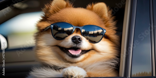 happy cute pomeranian dog with sunglasses  in a car