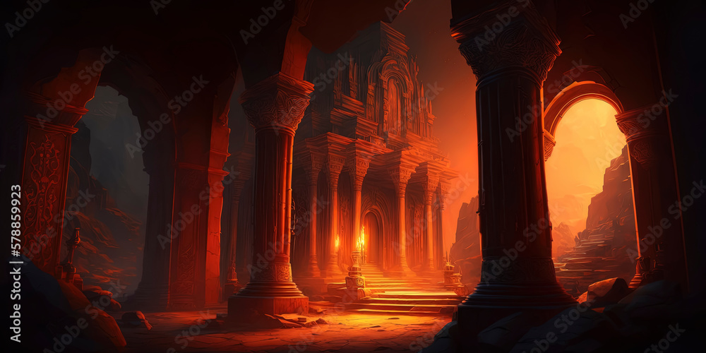 Temple of the Oracle inside the red orange granite canyon, fusion of