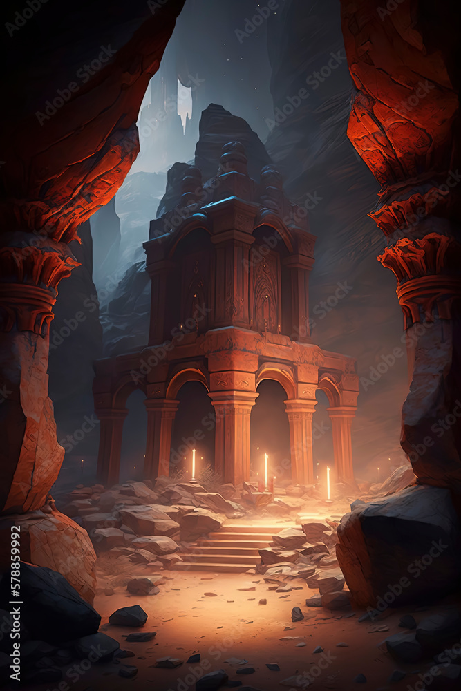 Temple of the Oracle inside the red orange granite canyon, fusion of