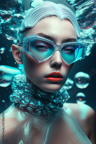 Glamorous Underwater Fashion Shoot: Stunning Model Wearing Art Deco Swimwear and Big Opaque Sunglasses in a Futuristic Editorial Style