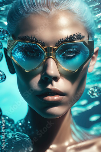 Glamorous Underwater Fashion Shoot: Stunning Model Wearing Art Deco Swimwear and Big Opaque Sunglasses in a Futuristic Editorial Style