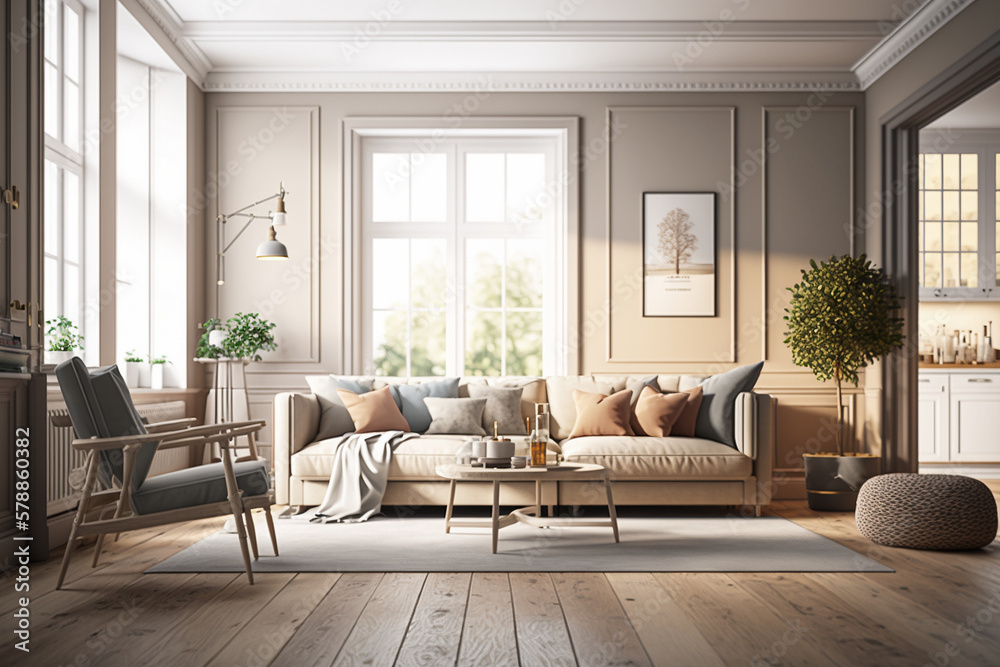 Modern Living Room interior in pastel brown and cream colors wooden ...