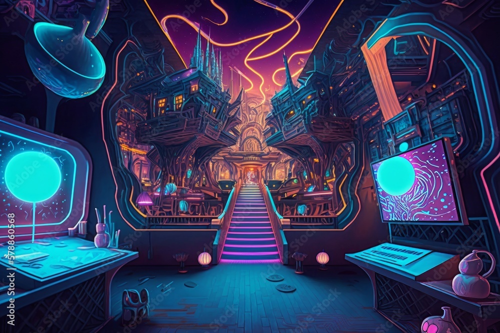 Fototapeta premium View of Virtual Reality Never Ending Party City with Neon Lights, Generative AI