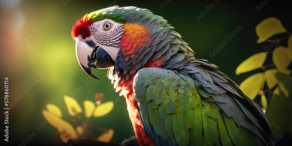 Fototapeta premium Green parrot in a forest, Generative AI