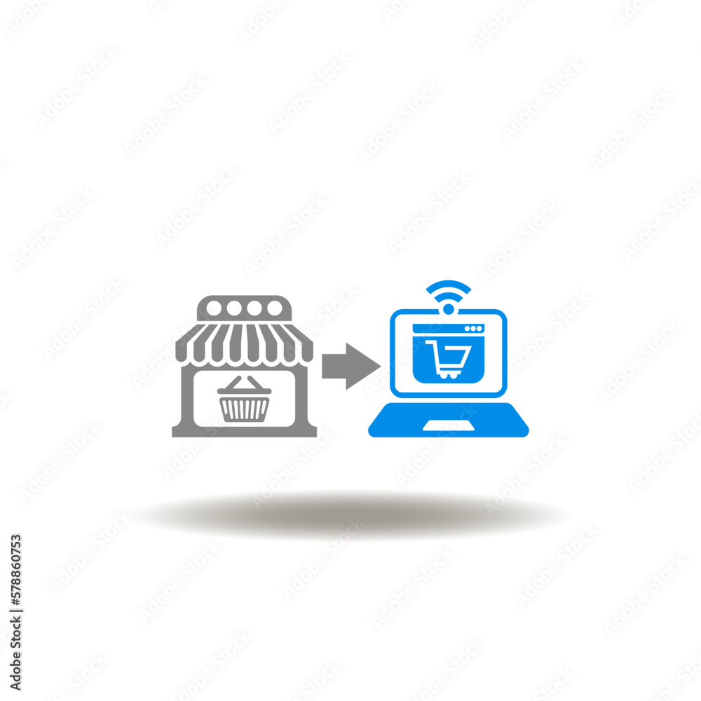 Vector illustration of offline store and arrow to laptop website. Icon of offline to online. Symbol of modernize and move to online retail and marketplace. Vector illustration of offline store and arrow to laptop website. Icon of offline to online. Symbol of modernize and move to online retail and marketplace.