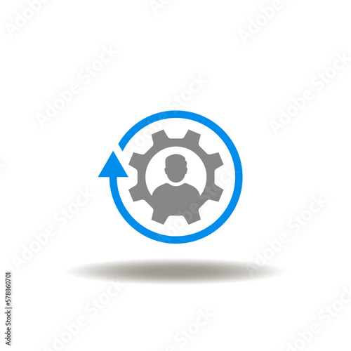 Vector illustration of man with gear and round arrow. Icon of EMDR Eye Movement Desensitization Reprocessing. Symbol of recruitment  human resources.