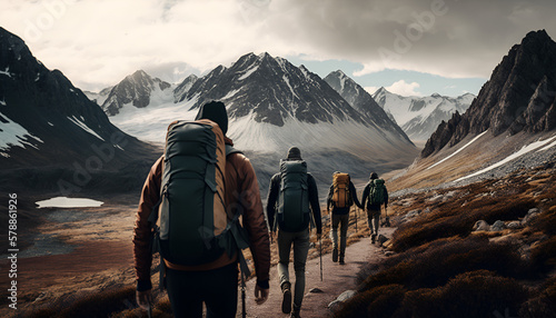 group of people hiking through a beautiful mountain landscape, with snow-capped peaks in the background