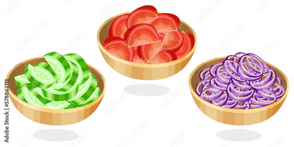 Set of isolated bamboo bowls with cut fresh vegetables: cucumbers, tomatoes, onion. Food vector illustration on white background. Set of isolated bamboo bowls with cut fresh vegetables: cucumbers, tomatoes, onion. Food vector illustration on white background.