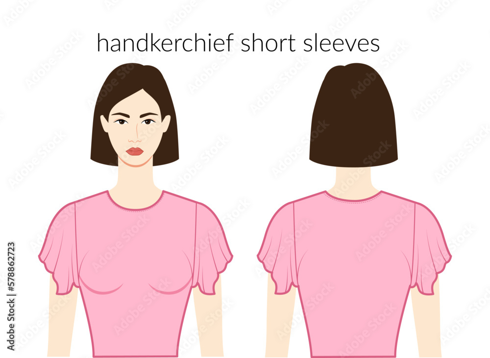 Handkerchief sleeves short length clothes character beautiful lady in pink top, shirt, dress technical fashion illustration, fitted body. Flat apparel template front, back. Women men unisex CAD mockup Handkerchief sleeves short length clothes character beautiful lady in pink top, shirt, dress technical fashion illustration, fitted body. Flat apparel template front, back. Women men unisex CAD mockup