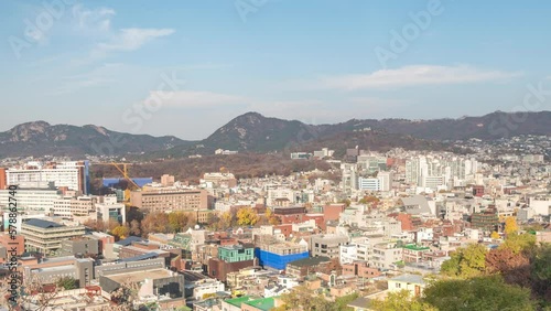 Wallpaper Mural Seoul South Korea time lapse 4K, city skyline timelapse at Seoul city center view from Naksan Park in autumn Torontodigital.ca