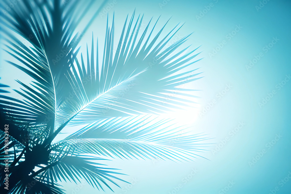 Blurred shadow from palm leaves on blue sky. Minimal abstract background for product presentation. Spring and summer.
