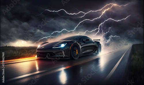 Adrenaline-Pumping Generative AI Supercar Racing with Lightning Streaks © Ahzrael