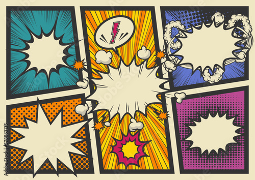Comic book page template with empty speech bubbles and rays. Vector illustration.Retro pop art comics book magazine, speech bubble, balloon, box message.