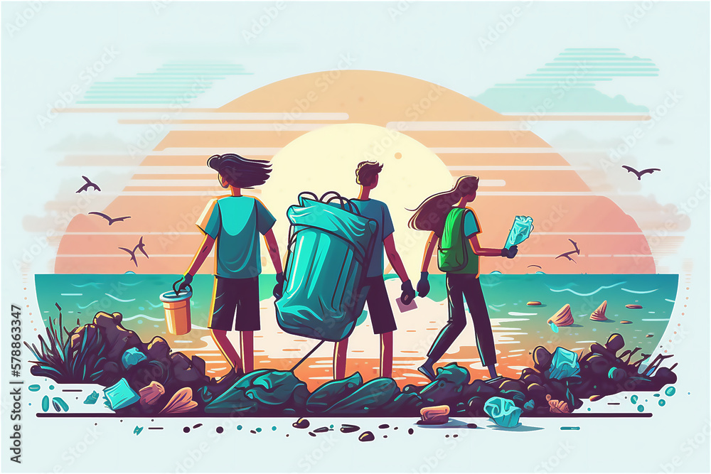 Fototapeta premium Global environmental pollution. volunteers collecting plastic garbage to waste bags, The concept of environmental conservation. generative ai.