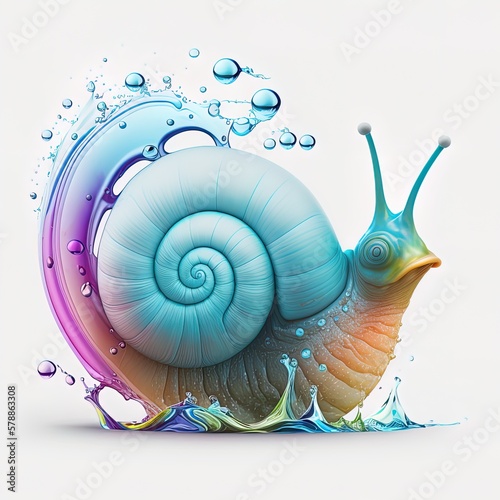 Cute multicolor snail with blue shell and splash of water on white background, design element, generative ai