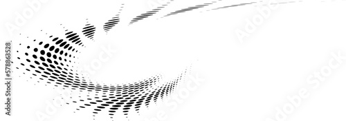 Dotted halftone corner swirling polka dot border. Vector.