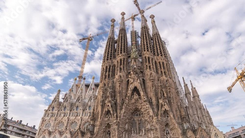 Barcelona, Spain - April 15, 2019: Barcelona Spain time lapse 4K, city skyline timelapse at Sagrada Familia