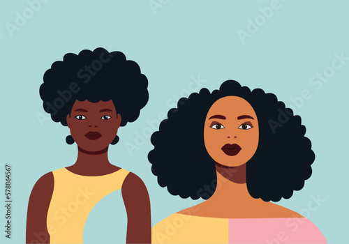 two black girls from the front, plus size afro hair, looking straight ahead, big lips, flat design, minimalist, clean background