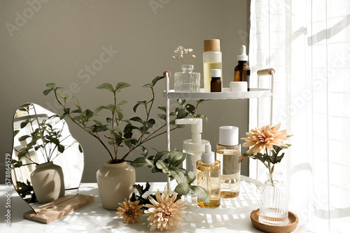 Beauty products with flowers and plants for skincare, and self-care routines. luxury spa and cosmetic background.
