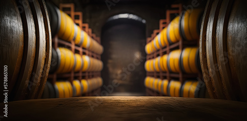 Empty wooden table with blurry wine barrels in the background. Winery and alcohol concept. digital ai art photo