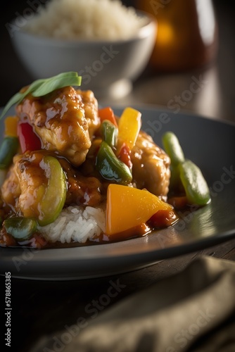 Bowl of teriyaki chicken sprinkled with seesame seeds photo