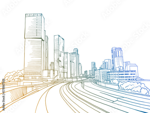 Urban landscape. Nice view on the modern Tel Aviv. Israel. Colourful sketch. Line Art. Hand drawing vector illustration on white.	