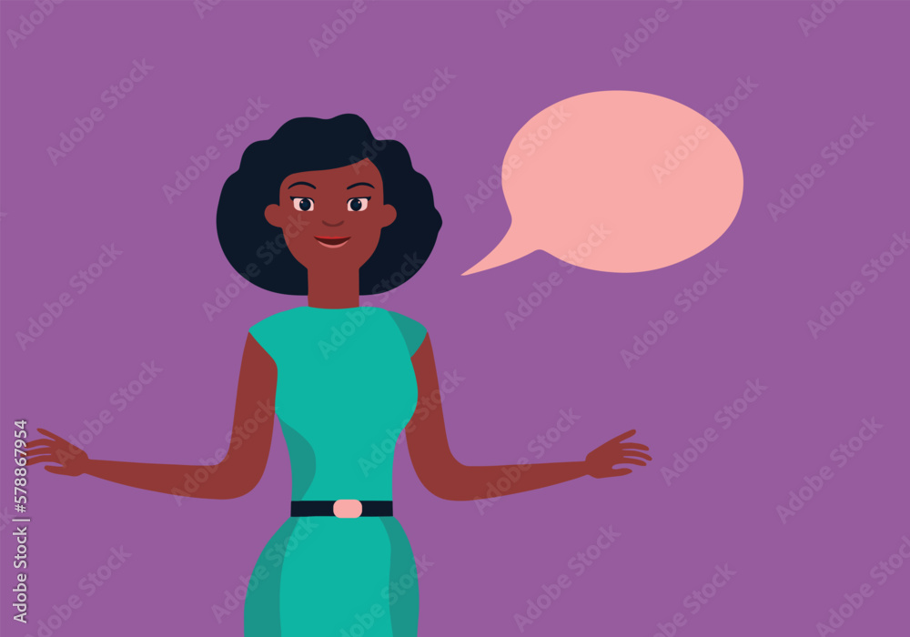 Fototapeta premium business black woman talking, lecturing, gesturing, excited, green dress, short hair, half body, comic speech bubble, purple background, colorful